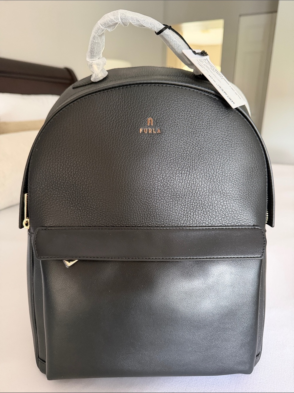 Furla Black Leather Backpack with Gold Logo